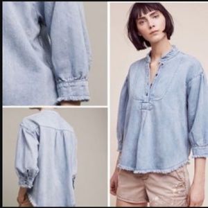 Anthropologie Holding Horses frayed denim chambray shirt top, S